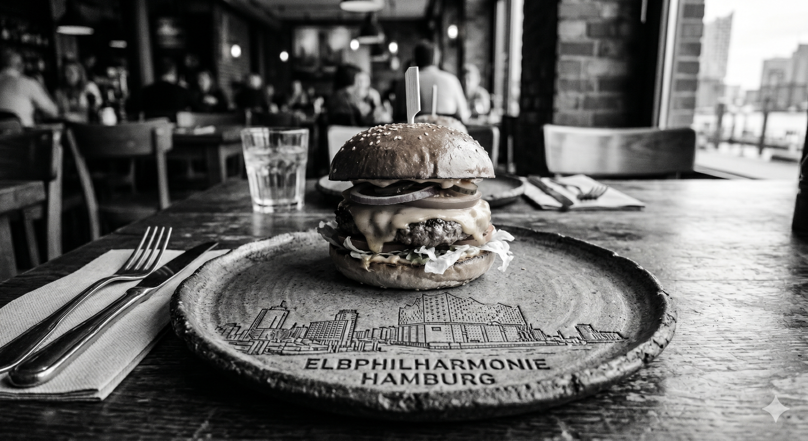 Onkelfinke Burger auf Elbphilharmonie-Holzteller